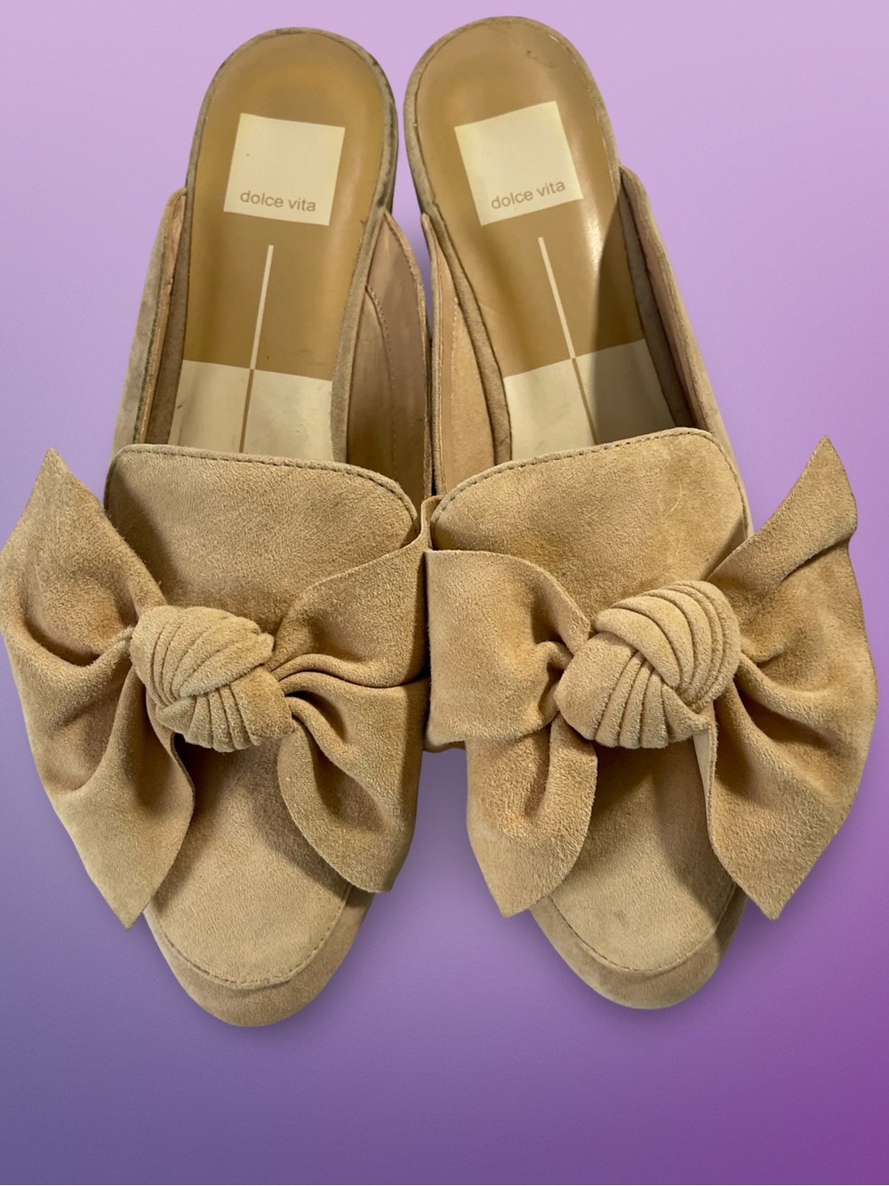 Dolce Vita Pointed Toe Knotted Bow Flat Slip-on Mules Sand/Blush Sz9